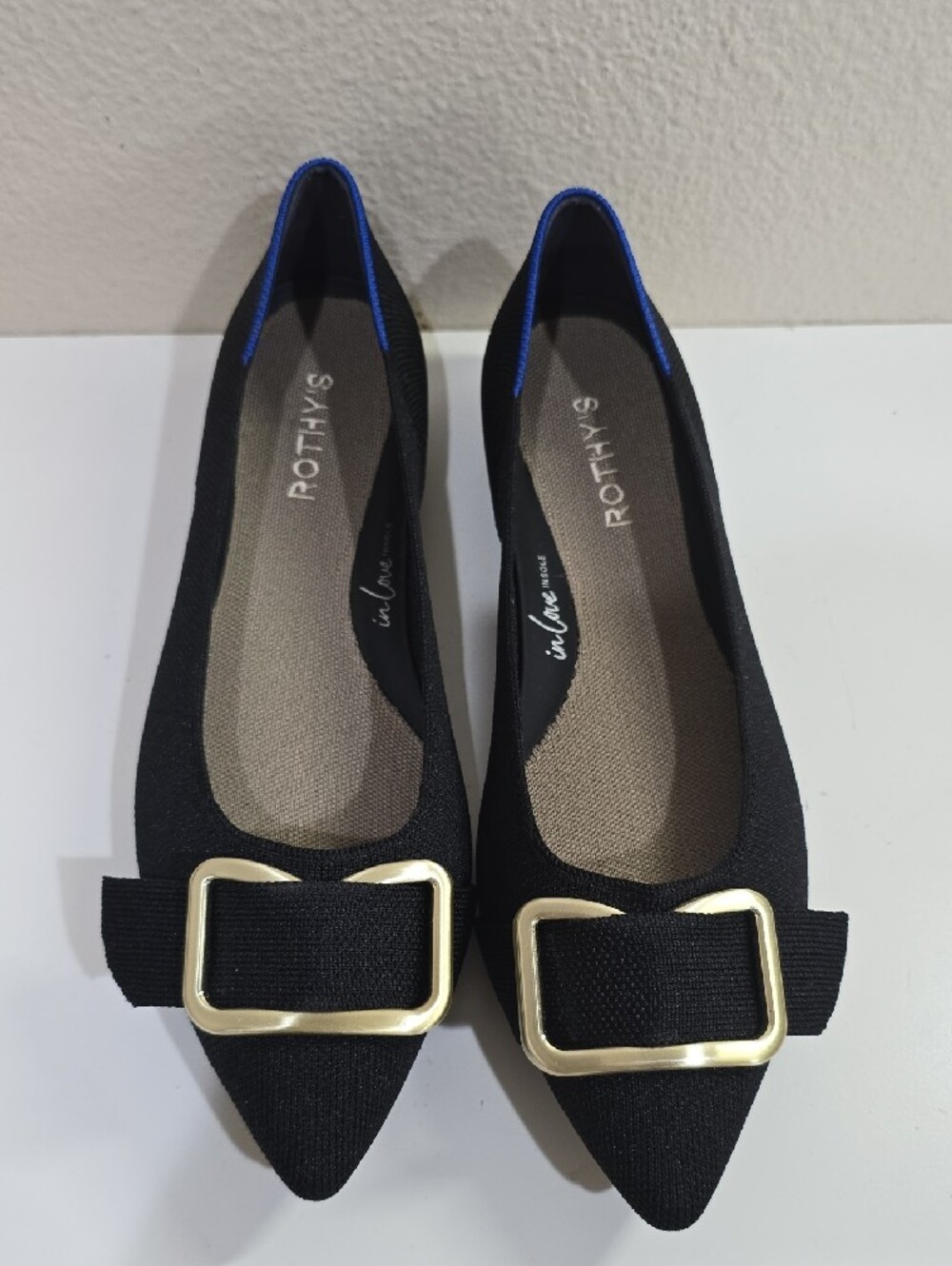 Rothy's Black Pointed Flats with Gold Buckle Accent - Picture 2 of 8